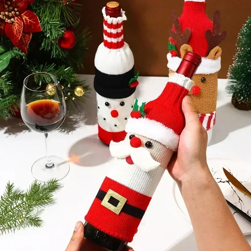 Conjunto de capa de garrafa de vinho de natal santa boneco de neve tecido sacos de garrafa de vinho para festa de natal decorações de mesa de jantar