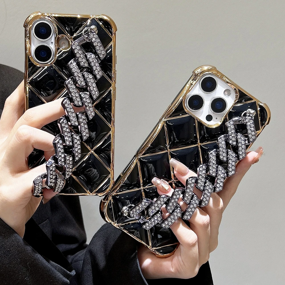 Funda de teléfono con correa de muñeca brillante y entramado de diamantes para iPhone 16 15 14 Plus 13 12 11 Pro Max, funda de TPU suave brillante a prueba de golpes con revestimiento