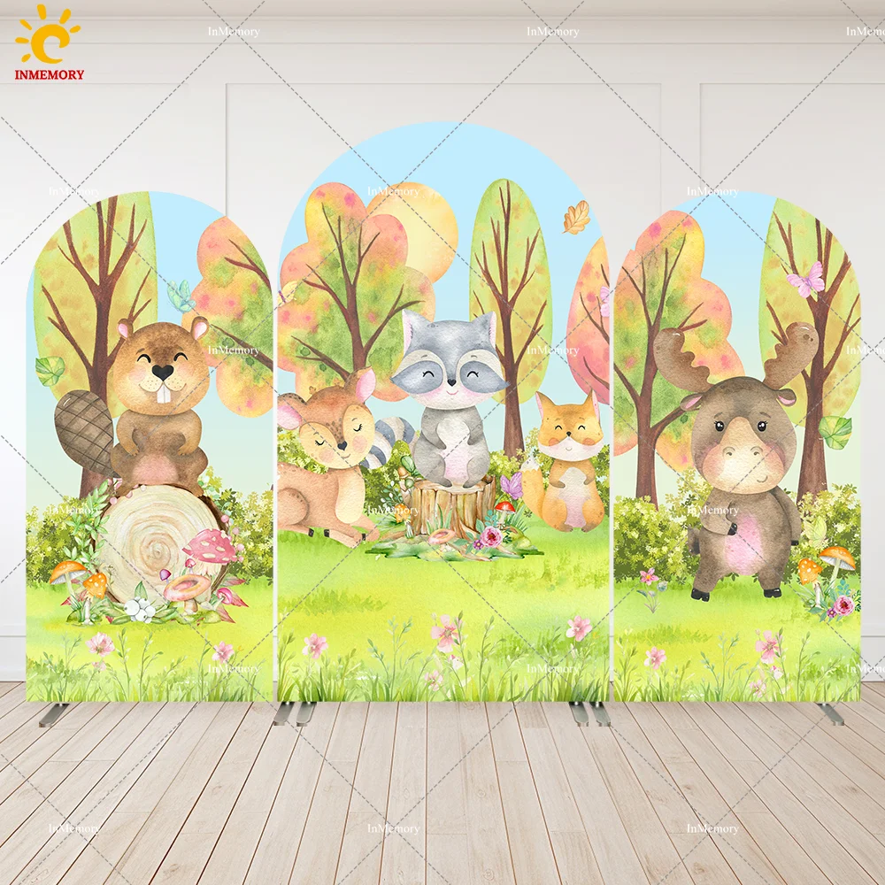 Woodland Party Arch Backdrop Cover Banner Animals Fox Bear Newborn Birthday Arched Wall Background Photobooth Banner 2-Sided