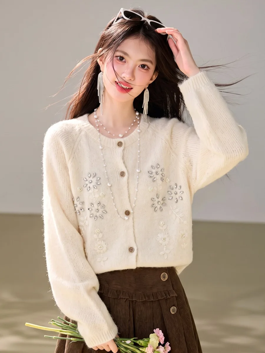 Chic Glitter Knitted Open Cardigan in Beige for Women Stylish Korean Style Short Length Warm Woolen Long Sleeve round Neck Top