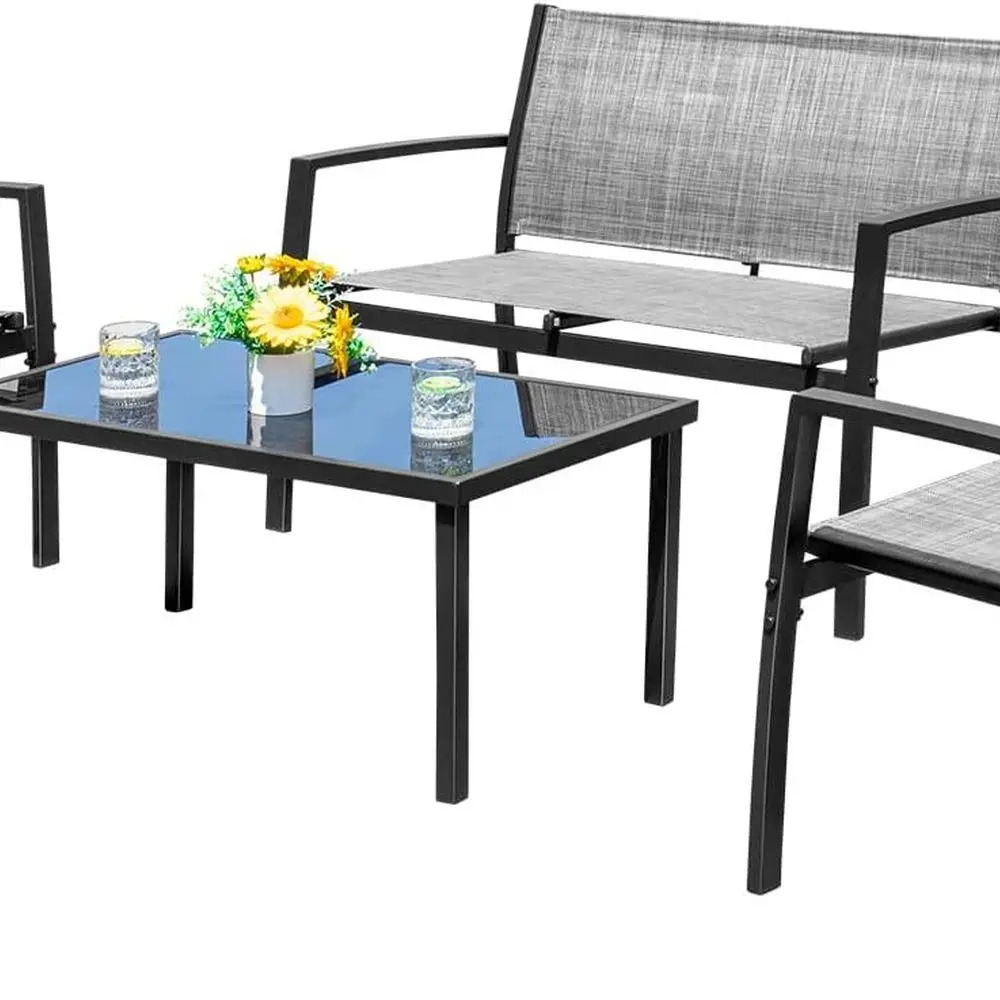 

Grey Outdoor Patio Furniture Set: 4-Piece Garden Conversation Area with Glass Top Coffee Table