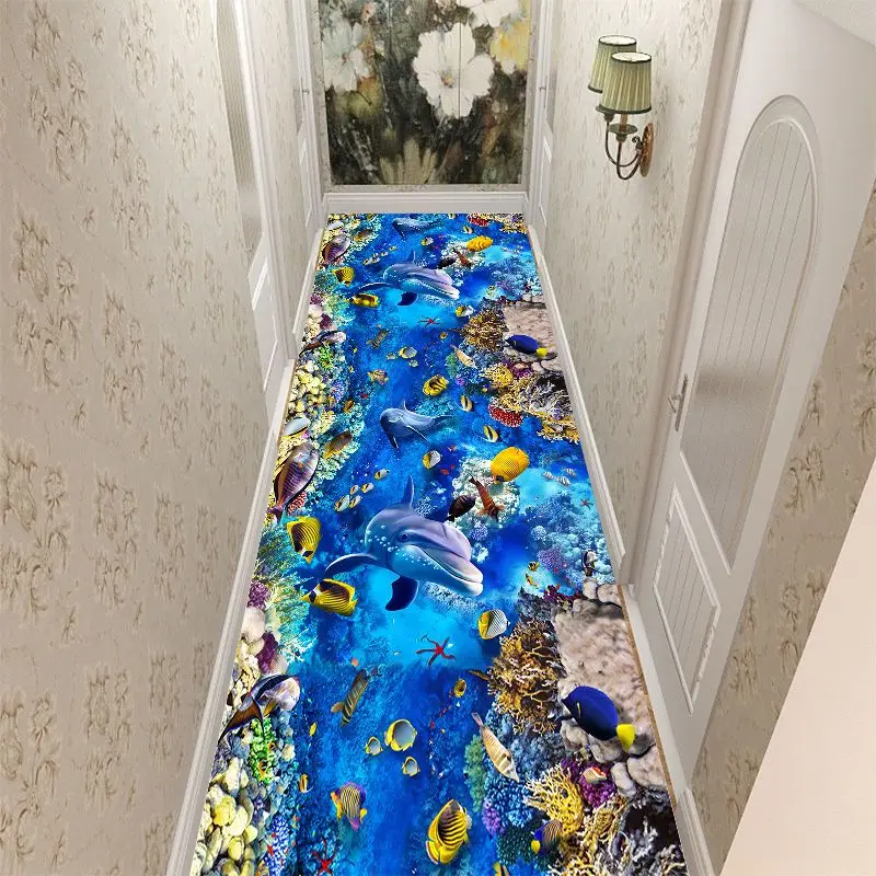 3D Carpet 2m/3m Corridor Long Strip Carpet Hallway Rug Aisle Floor Mat Aisle Porch Stairway Living Room Stone Fish Flower Carpet