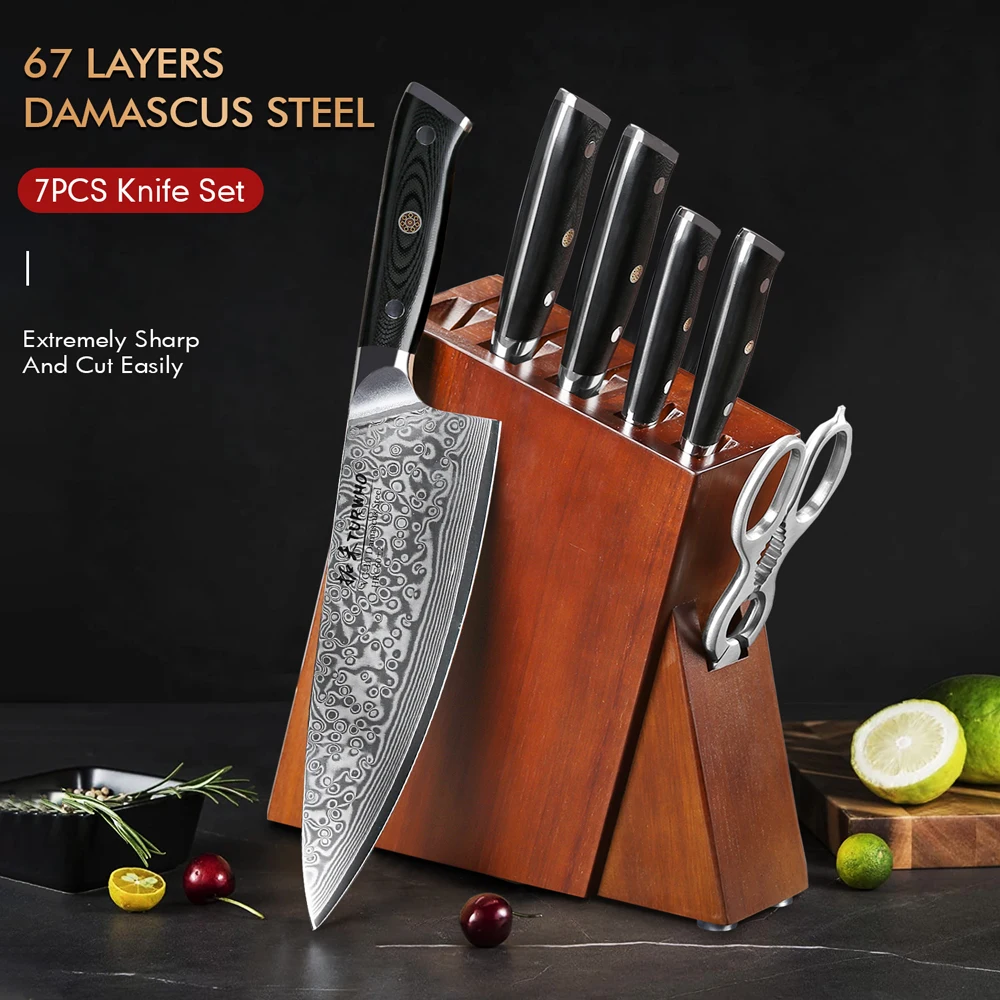 

TURWHO 6 Piece Kitchen Knife Set With Knife Block Japanese Damascus Steel Scissors Professional And Practical Chef Knife