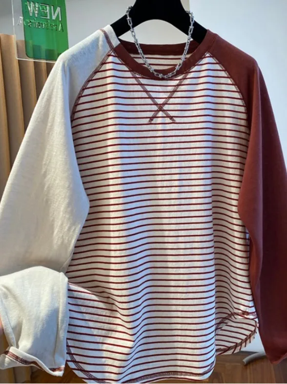 2026年春 レディース ベーシック ストライプ Tシャツ ラウンドネック ロングスリーブ 韓国風 カジュアルウェア ルーズフィット トップス 高品質衣料