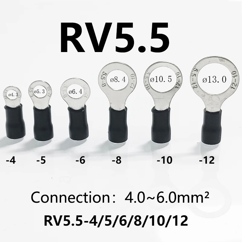 

10PCS RV5.5-4/5/6/8/10/12 AWG12-10 Ring Insulated Terminal Cable Lug Wire Connector Electrical Crimp Terminal Suit For 4-6mm²