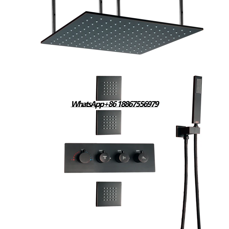 

Oil Rubbed Bronze Thermostatic Rainfall Shower System Set 16 Inch LED Bathroom Showers Combo Set With Hand Shower