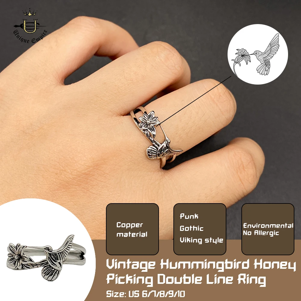 Vintage Hummingbird Ring for Women | Minimalist Double Band Animal Floral Jewelry | Birthday, Anniversary & Party Gry Party Gift