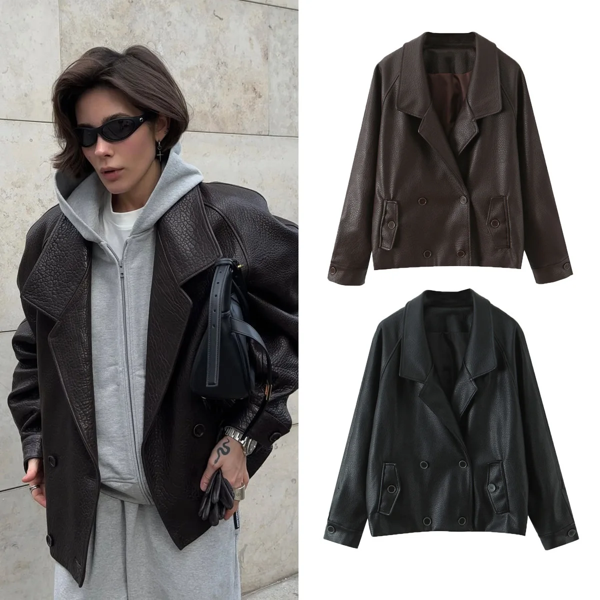 

Женская одежда, осенний стиль 2025 года, двубортная куртка из искусственной кожи с отложным воротником и длинными рукавами, пальто для женщин D79814