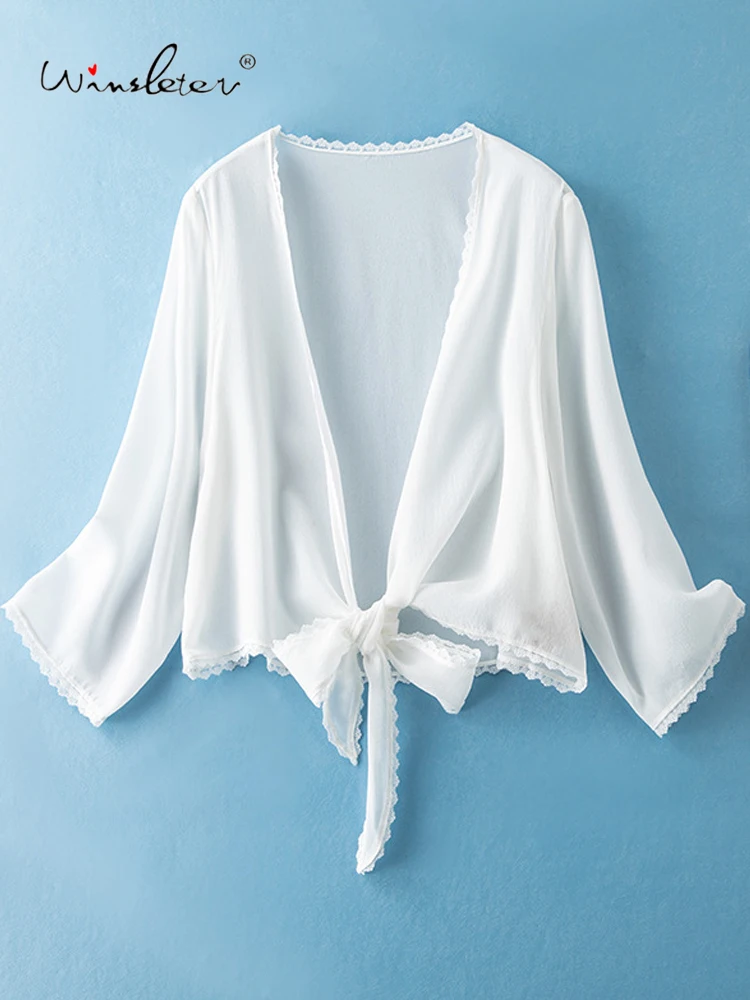 Winsleter-100% Silk Elegant Sunscreen Tops, Long Sleeve Lace Bandage, Women Beach Vacation Sunshade Coat, 2026 Summer C63941CC