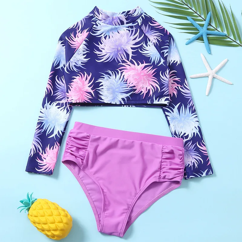 Girls High Waist Bikini Sets with Long Sleeve Crop Tops Kids Swimsuit 7-12 Years Children\'s Swimwear 2024 Teenage Bathing Suit