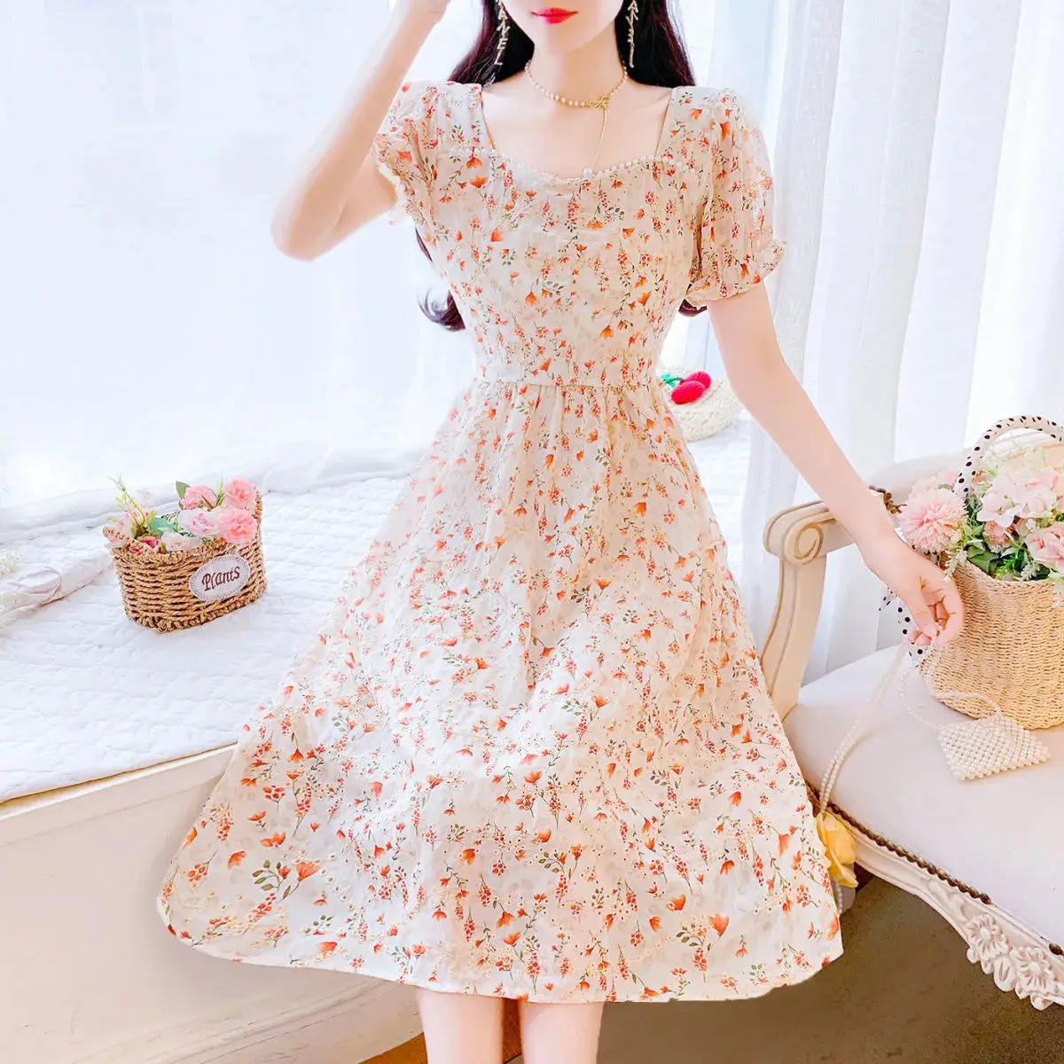 2022 Summer French Vintage Floral Chiffon Dress Square Collar Puff Sleeves A-line Dress Korean Elegant Fashion Dress for Women