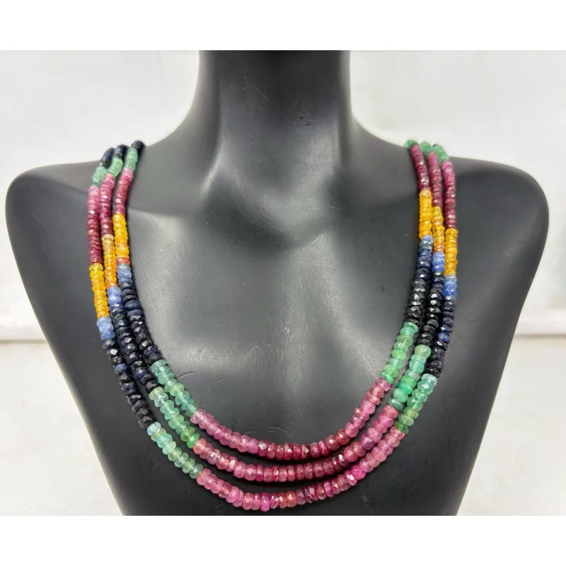 

Three Line Multi Sapphire Necklace 20” Round Faceted 4–5mm Sterling Silver