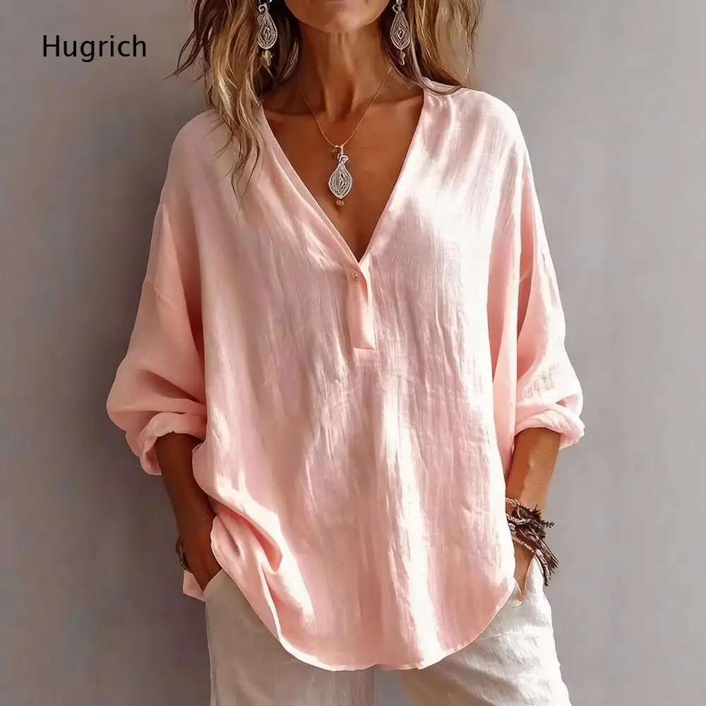 Women's Casual Loose Long Sleeve V-Neck Linen Shirt with Button Front, Solid Color Breathable Tunic Top for Spring Summer Daily