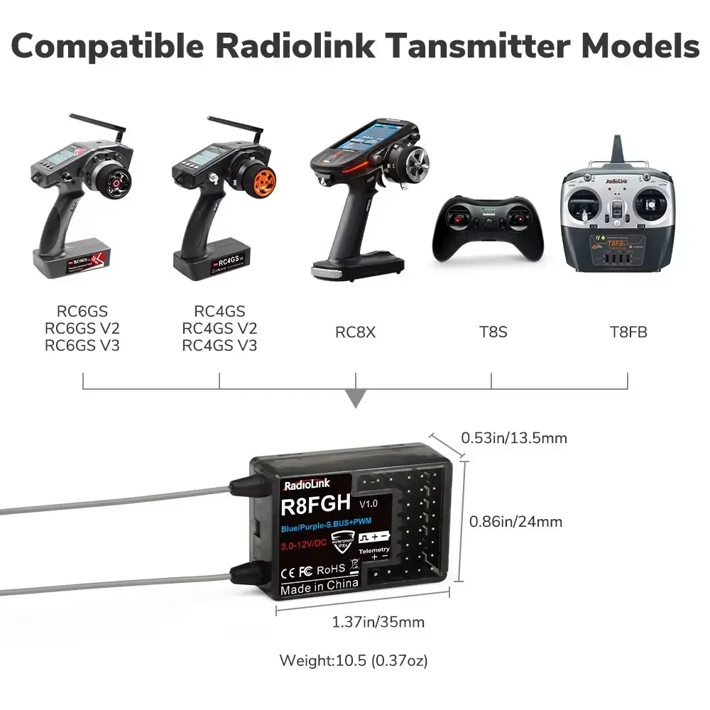 Radiolink Neuer R8FGH Gyro-Empfänger, 2,4 G, 8 Kanäle, Telemetrie, Fahrzeugspannung bis zu 14 S, 58,8 V, für RC-Car-Bootsmäher, Maschinenroboter