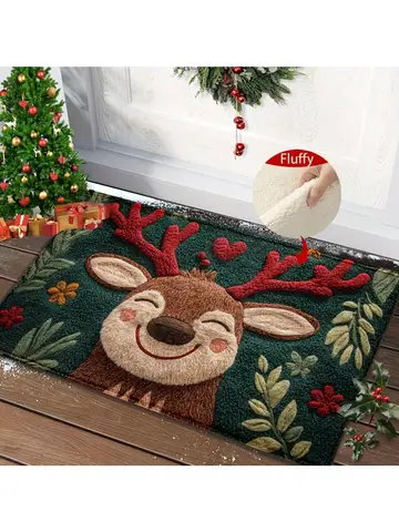 1pc Fluffy Christmas Deer Microfiber Bath Mat - Quick-Dry & Absorbent, Festive Holiday Design with Red Berries & Green Leaves