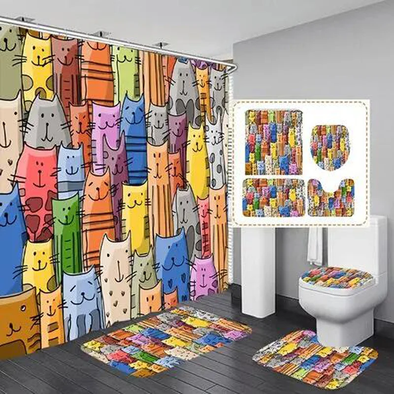 Cartoon Cute Cat Shower Curtain Set with Non Slip Rug Bath Mat Carpet Bathroom Curtains Toilet Lid Cover Home Decoration 180x180