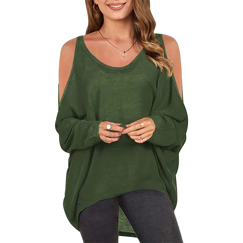 2022 sexy off-the-shoulder round neck dolman sleeve top summer women's short-sleeved loose casual long-sleeved solid T-shirt