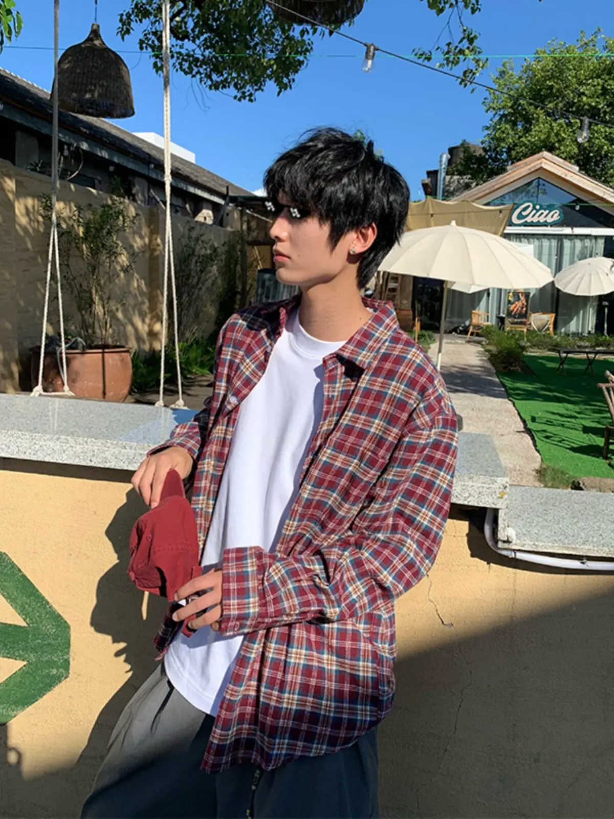 Red Plaid Long Sleeve Shirt Men's Autumn High-End Cleanfit Layering Shirt Outfit Plaid Cardigan Coat Casual Style Standard Fit