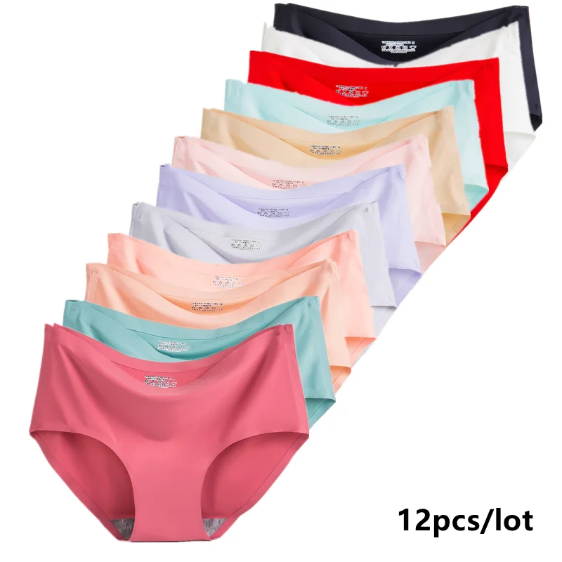 12PCS women\'s Ice silk Seamless Underwear Panties Sexy for women Low-waist Briefs Plus size summer smooth traceless lingerie