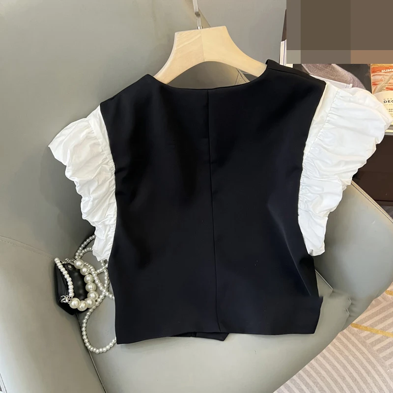2024 collar contrasting bubble sleeve patchwork suit vest jacket women's summer short top trend  vest for women