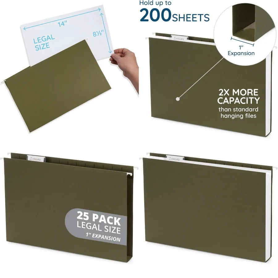 

25 Blue Summit Supplies Legal Size Hanging File Folders for Organized Document Storage in Offices and Home Workspaces Expandabl