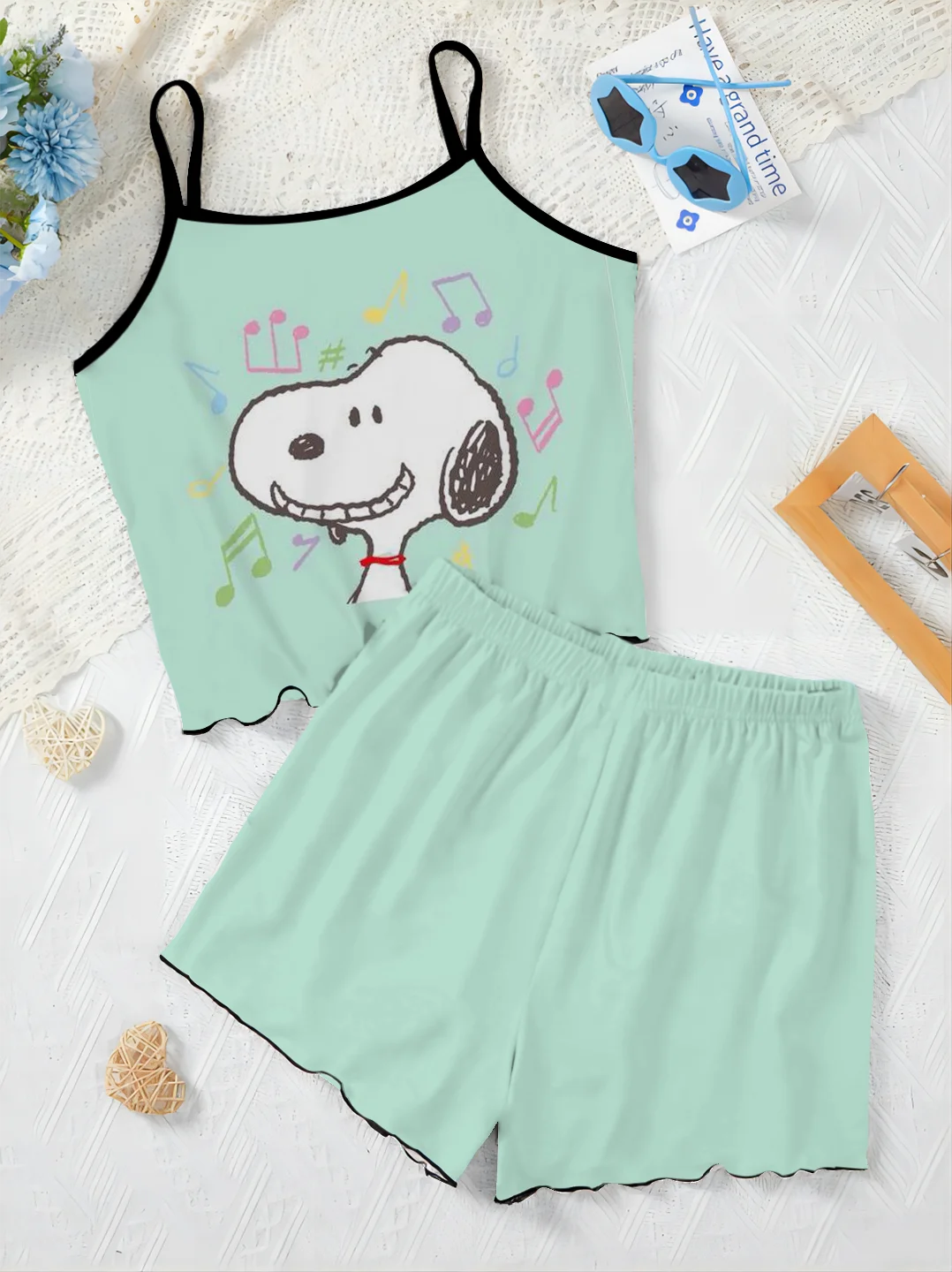 Top Set Frau 2 Stück schicke und elegante Hosen Sets Salat Trim Slip Kleid T-Shirt Pyjama Rock Damen anzug snoopy kurzen Luxus