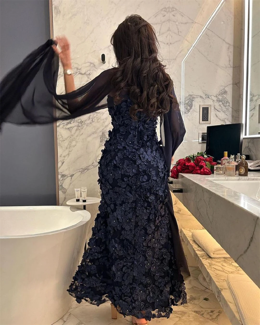 Customized Prom Dress Evening Formal Gown Women Elegant Strapless Sheath Cocktail Party Flower Sequin Draped Fold Chiffon 