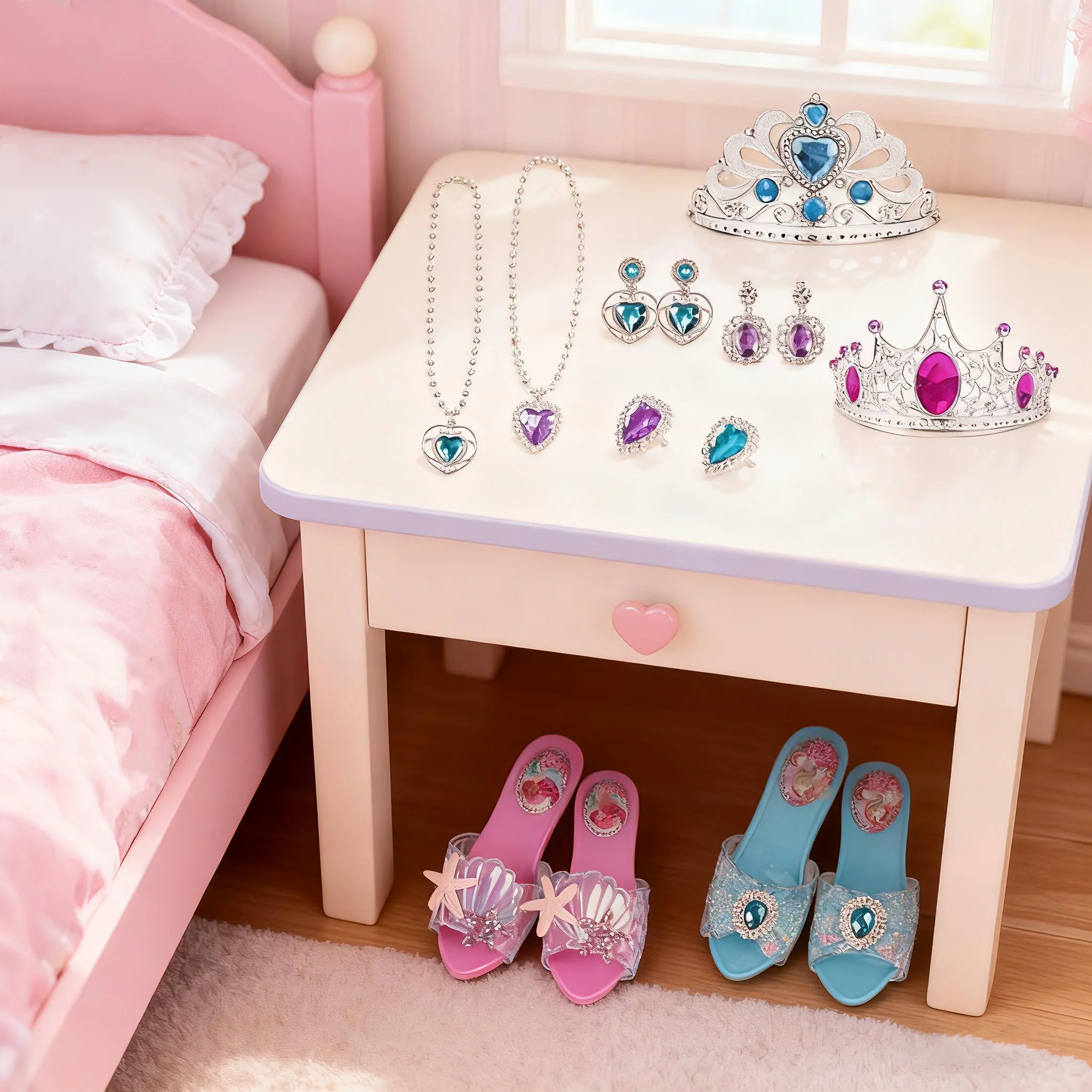 แต่งตัวของเล่นสาวรองเท้าแตะแก้วสร้อยคอต่างหูชุดเครื่องประดับของเล่น