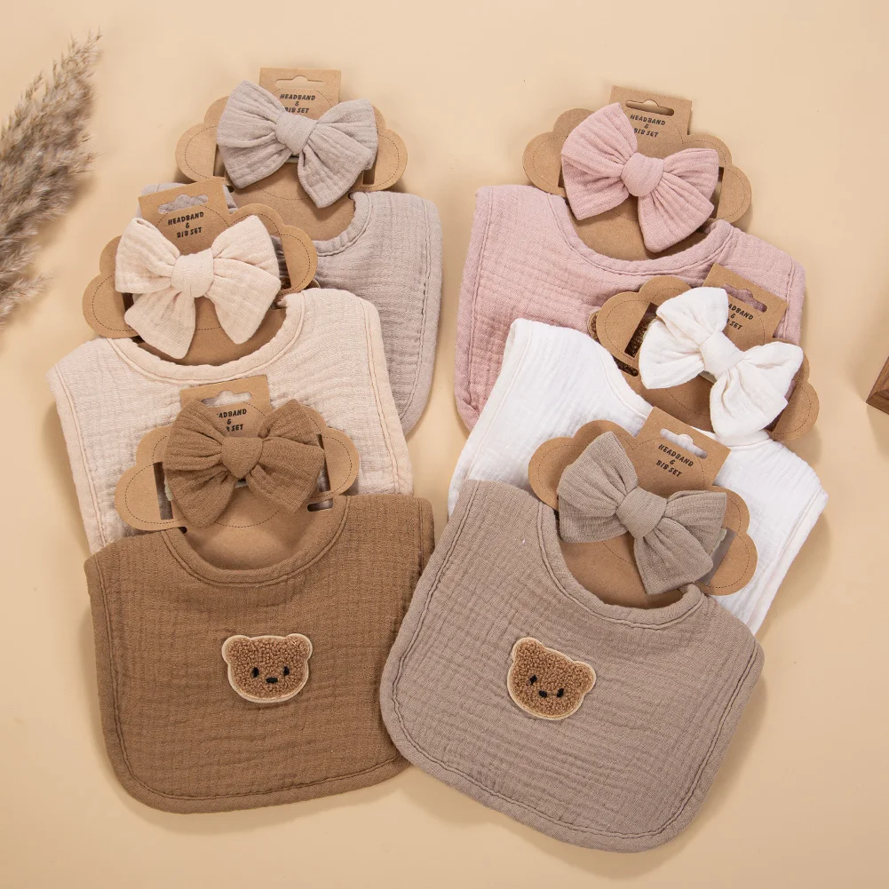 

2Pcs/Set Big Bow Muslin Cotton Nylon Hairbands Gauze Baby Bibs Cute Bear Towel Saliva Newborn Feeding Burp Colths Kids Headwear