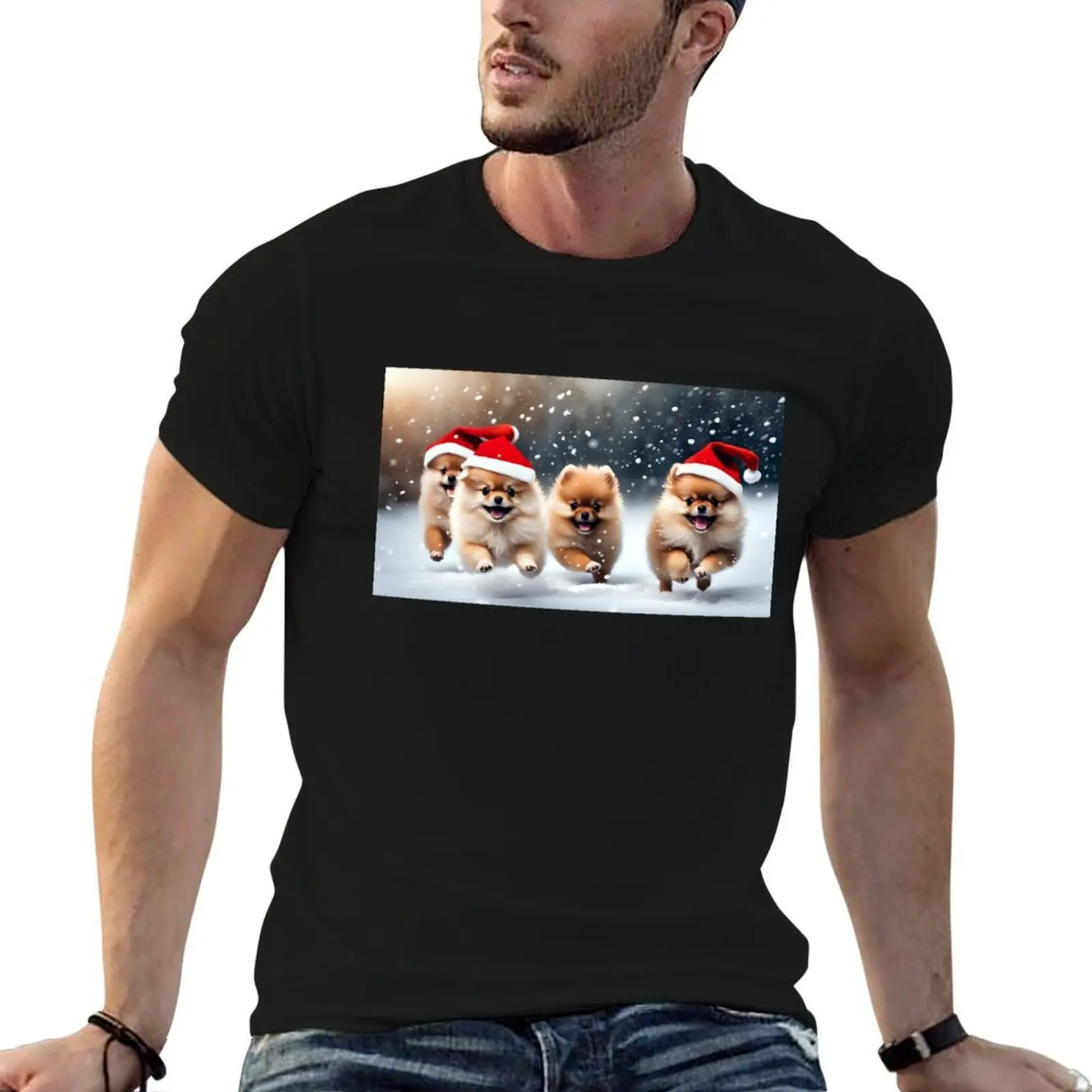 Pomeranian puppies running in the snow T-Shirt cotton graphic tees oversized graphic tee men clothings
