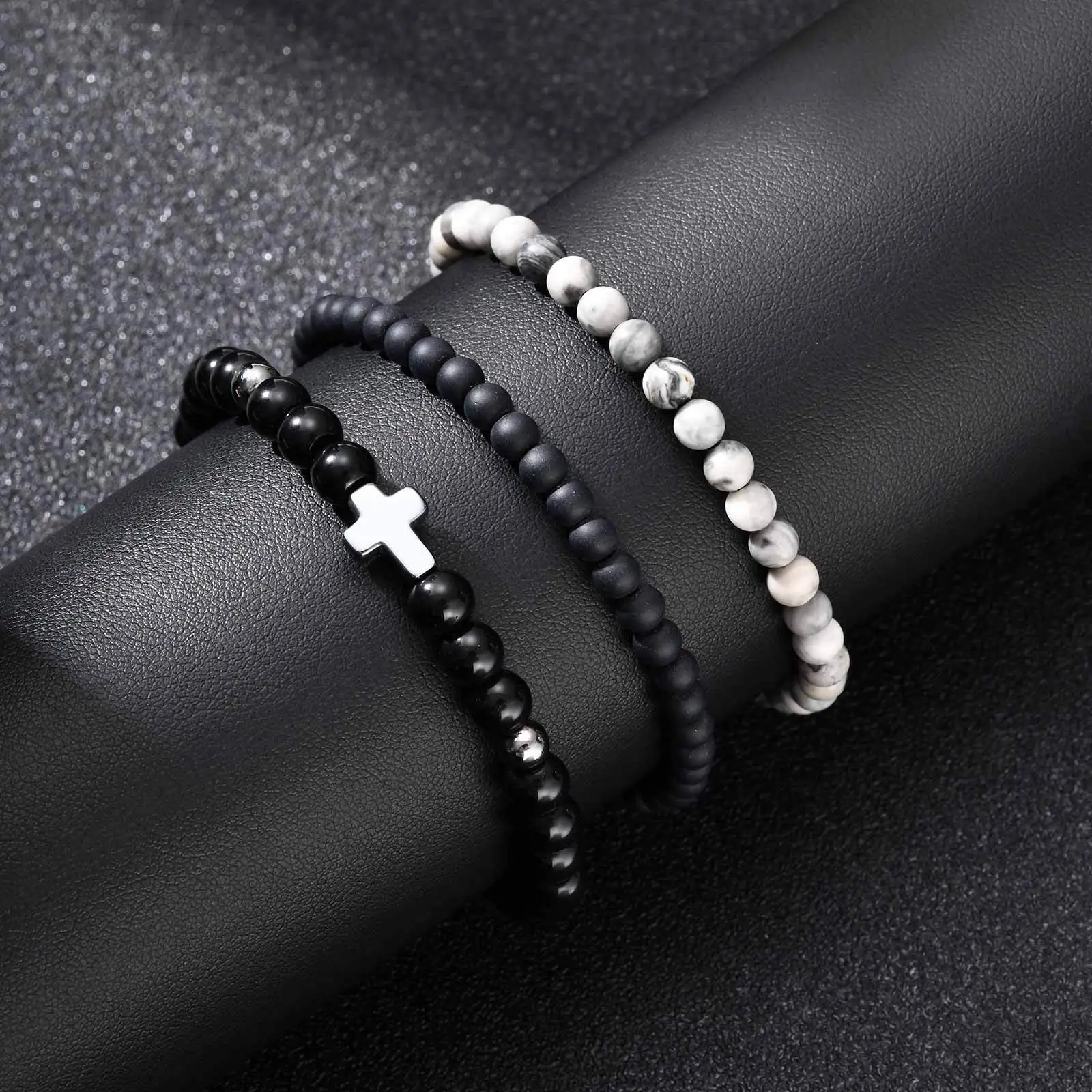 

Vnox Adjustable 17-29cm Beaded Bracelet for Men Boys, 3pcs/Set Vintage Stone Bead Wristband, Black White Color Cool Jewelry Gift