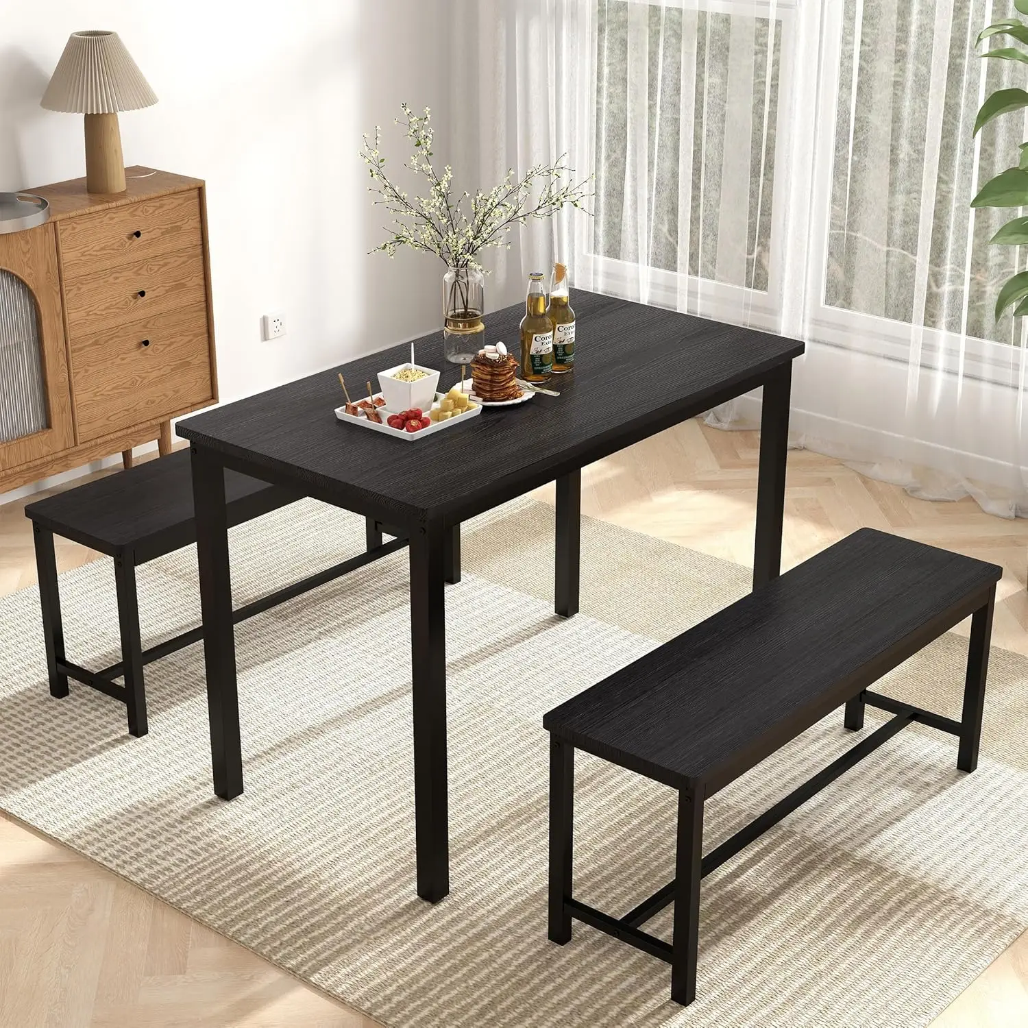 Dining Table Set for 4, Kitchen Room Table Set with 2 Benches, 3-Piece Dining Chairs Set for Breakfast Nook, Black