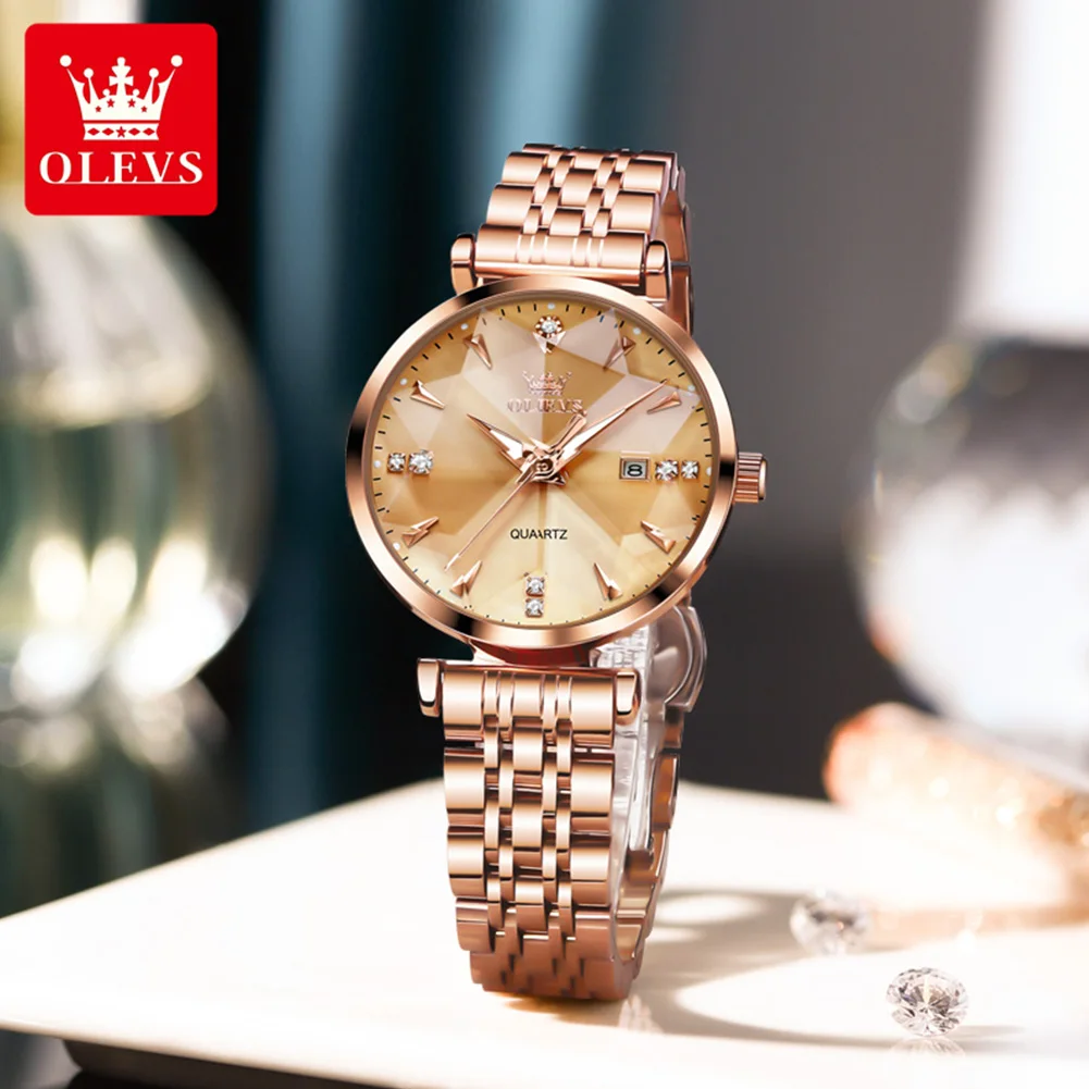 OLEVS 5536 Quartz Watches for Women Luxury Rose Gold Steel Strap Rhombus Glass Ladies Wristwatch Luminous Waterproof Woman Watch