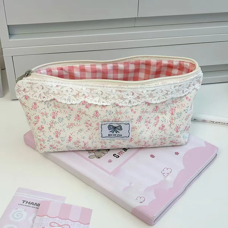 Lace Flower Writing Pouch Roomy Fabric Organizer for Student Desk Essentials