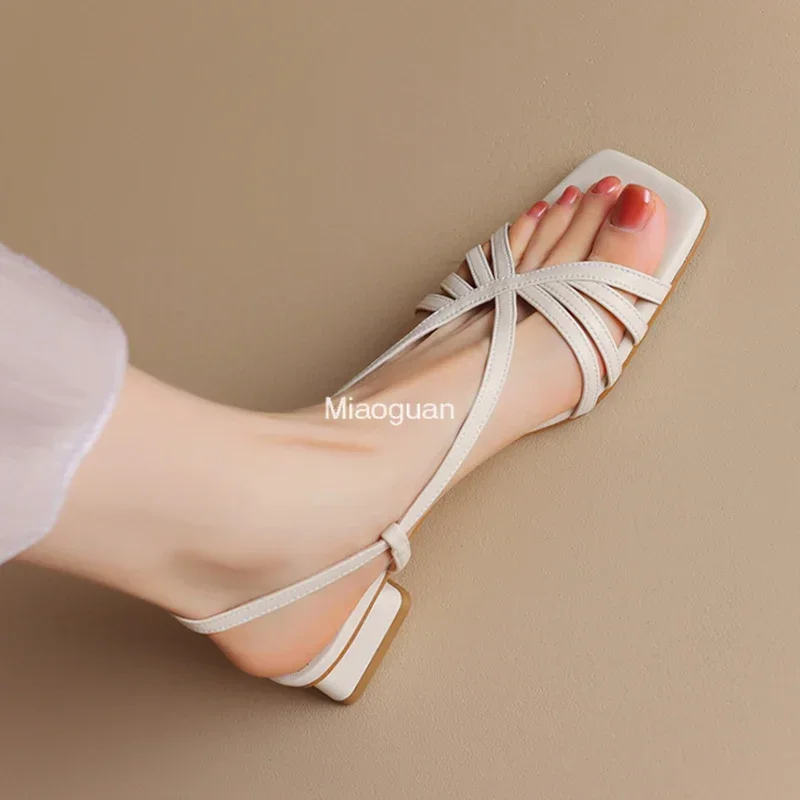 Gold Silver Cross Strap Gladiator Sandals Women Fashion Back Strappy Low Heel Sandles Woman Summer Buckle Square Toe Party Shoes