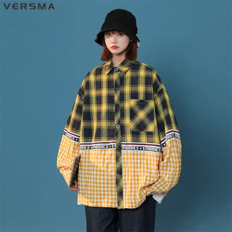 VERSMA Japanese Vintage Stylish Plaid Stitch Yellow Boys Girls Shirts Men Cotton Girl Long Sleeve Shirt Women XXXL Dropshipping