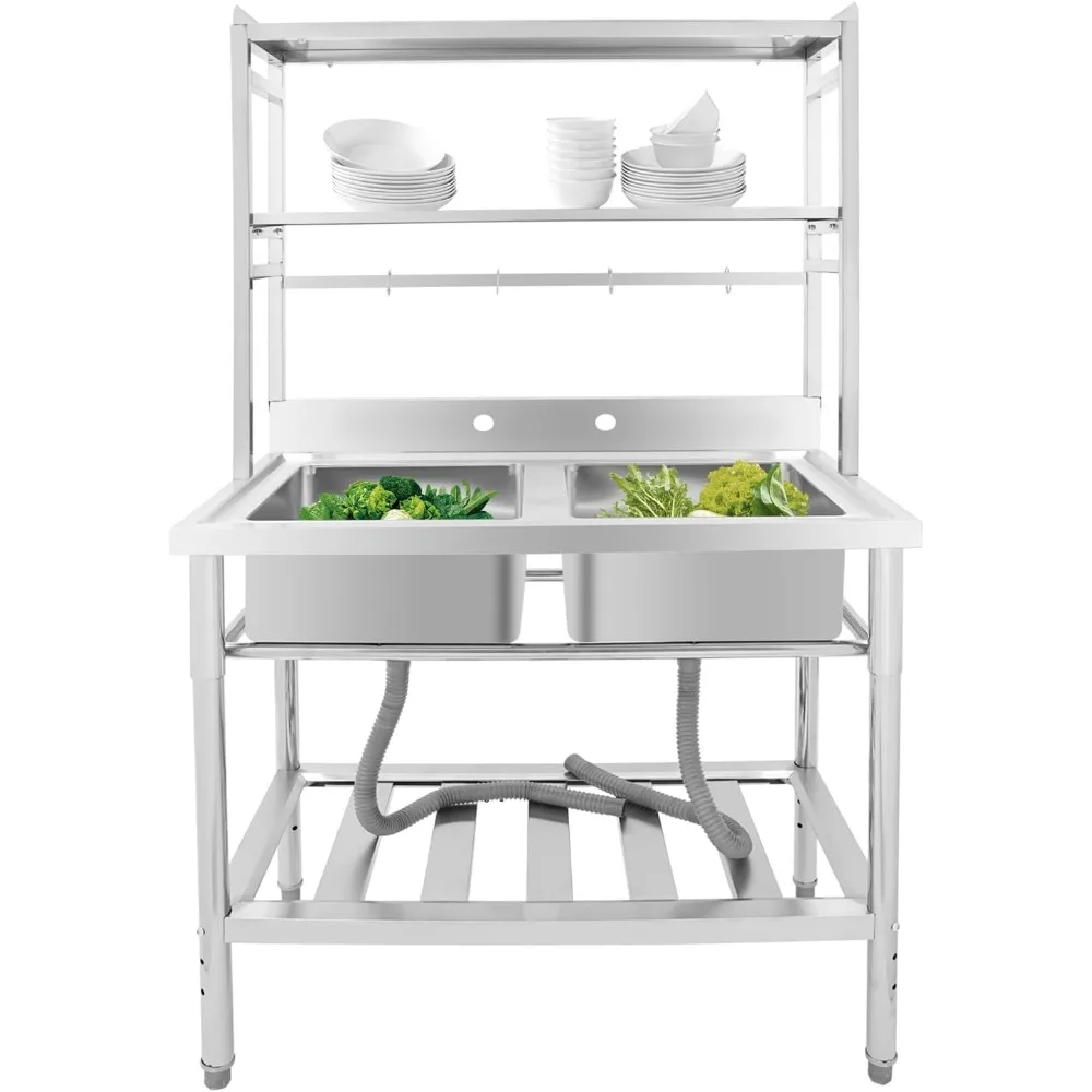 

Freestanding Utility Sink in 304 Stainless Steel with Double-Layer Shelves and Hanging Tools for Kitchen Use