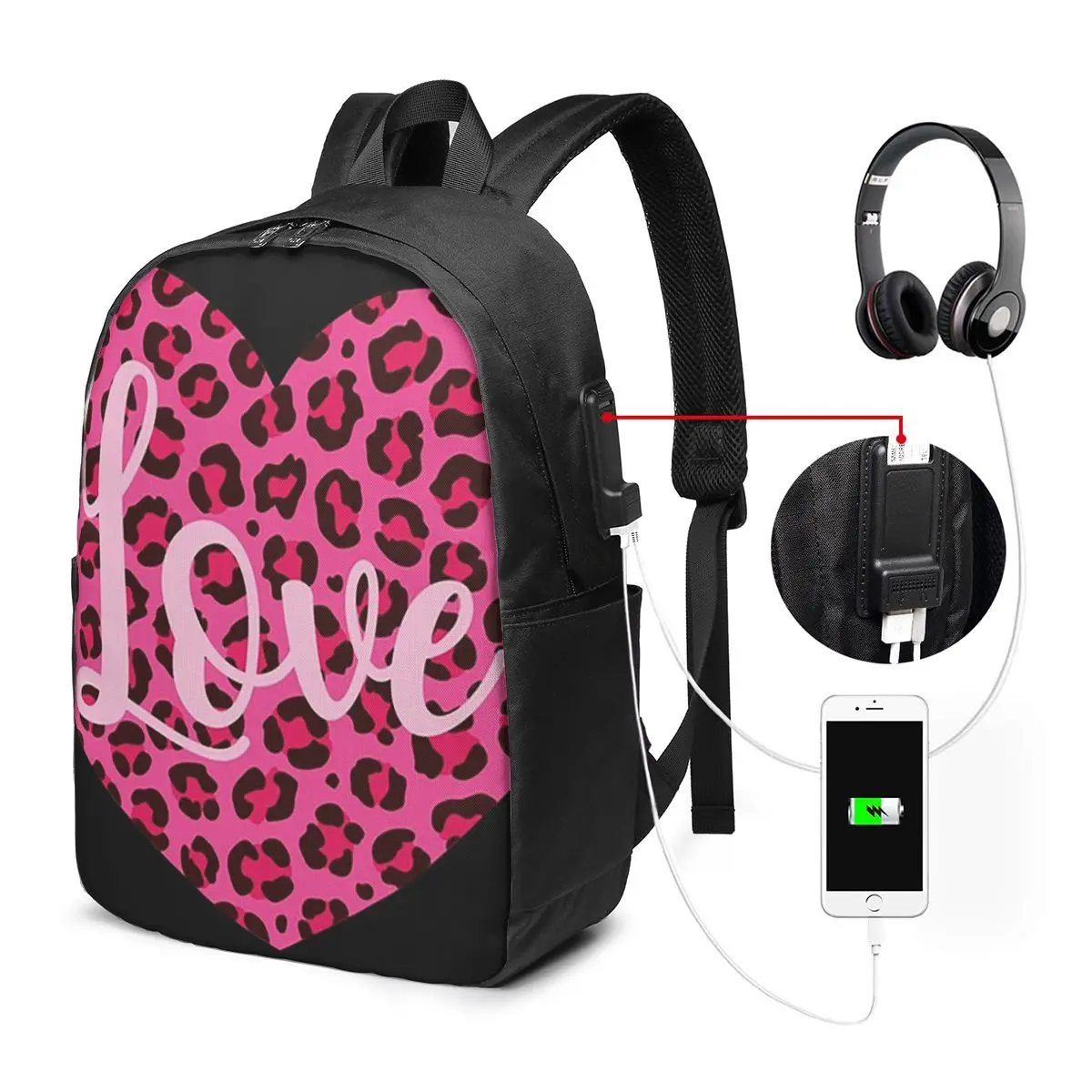 Leopard Print Heart-Shaped Backpack Travel Notebook Bag Computer College Student School Bag Laptop Shoulder Bags for Men Women