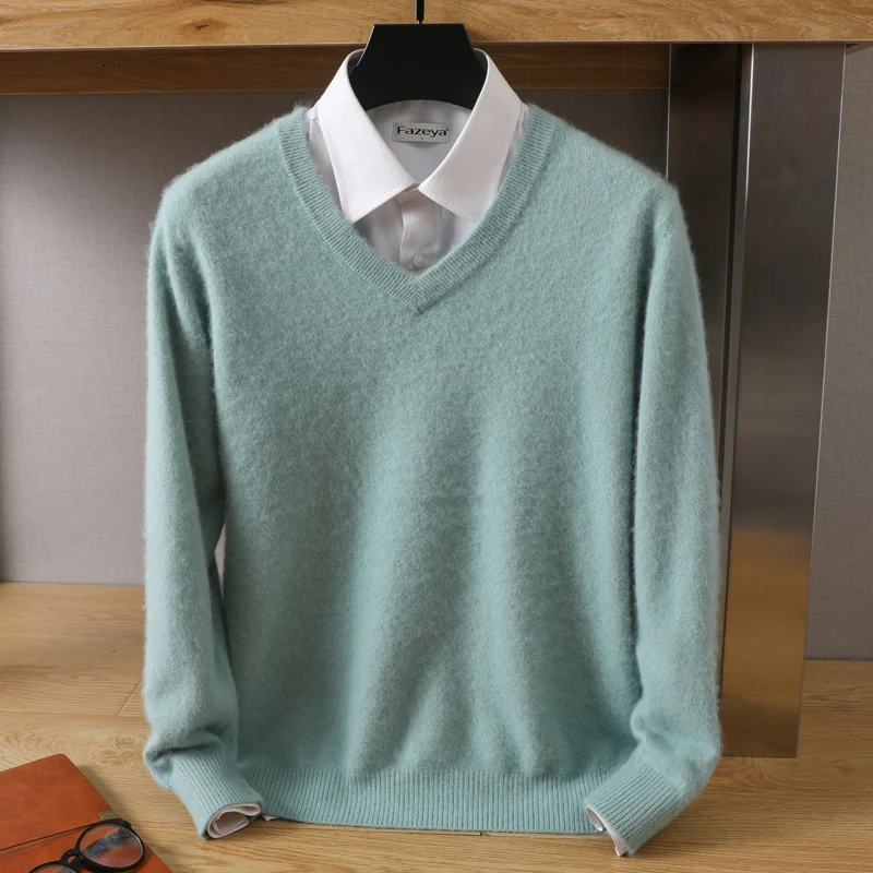 Jersey de punto para hombre, Jersey holgado de terciopelo de visón puro con cuello en V, manga larga, color sólido, para negocios, otoño e invierno, 100%