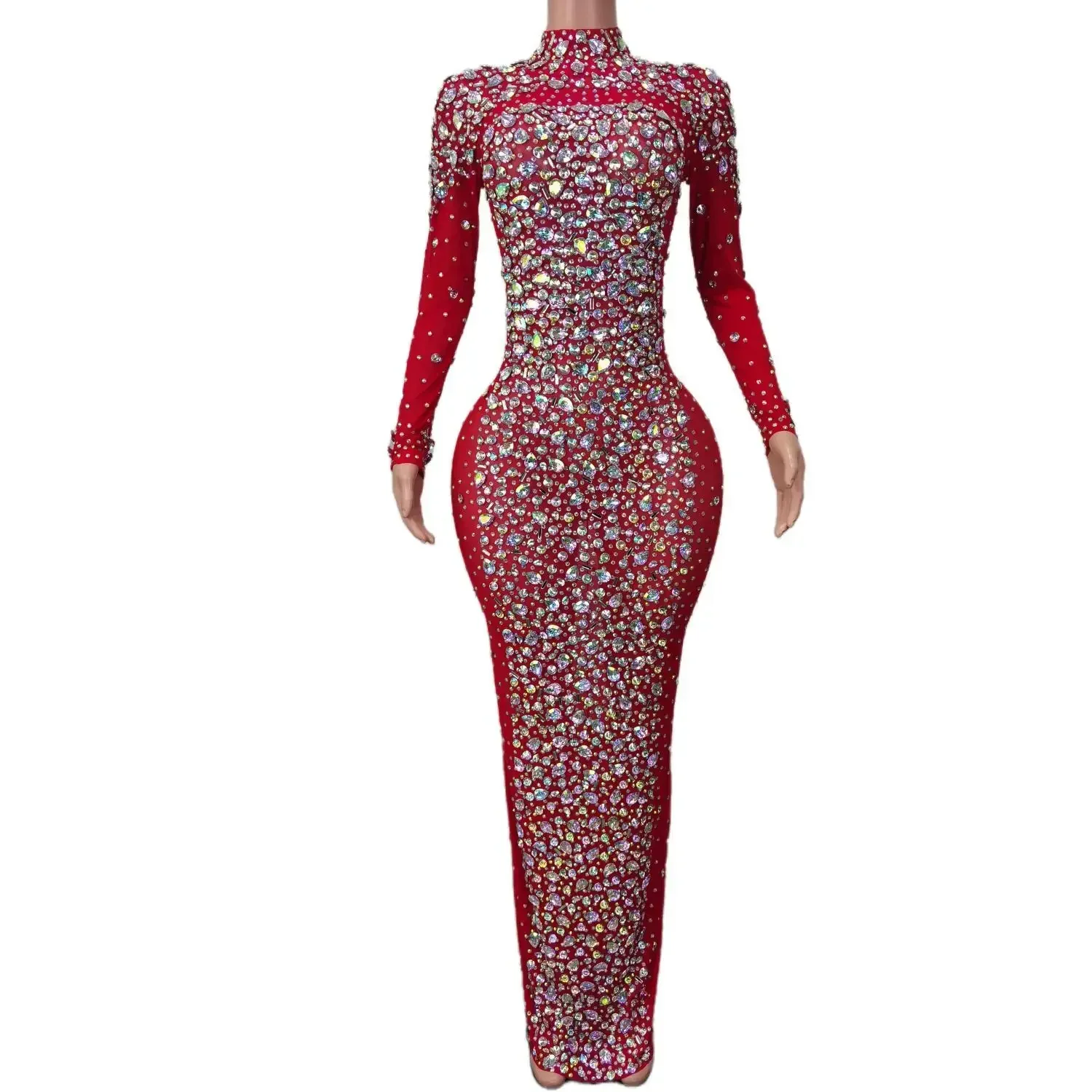 Luxury Celebrate Photo Shoot Props Sparkly Rhinestone Long Dress for Women Elegant Birthday Party Queen Red Dresses Cuixing