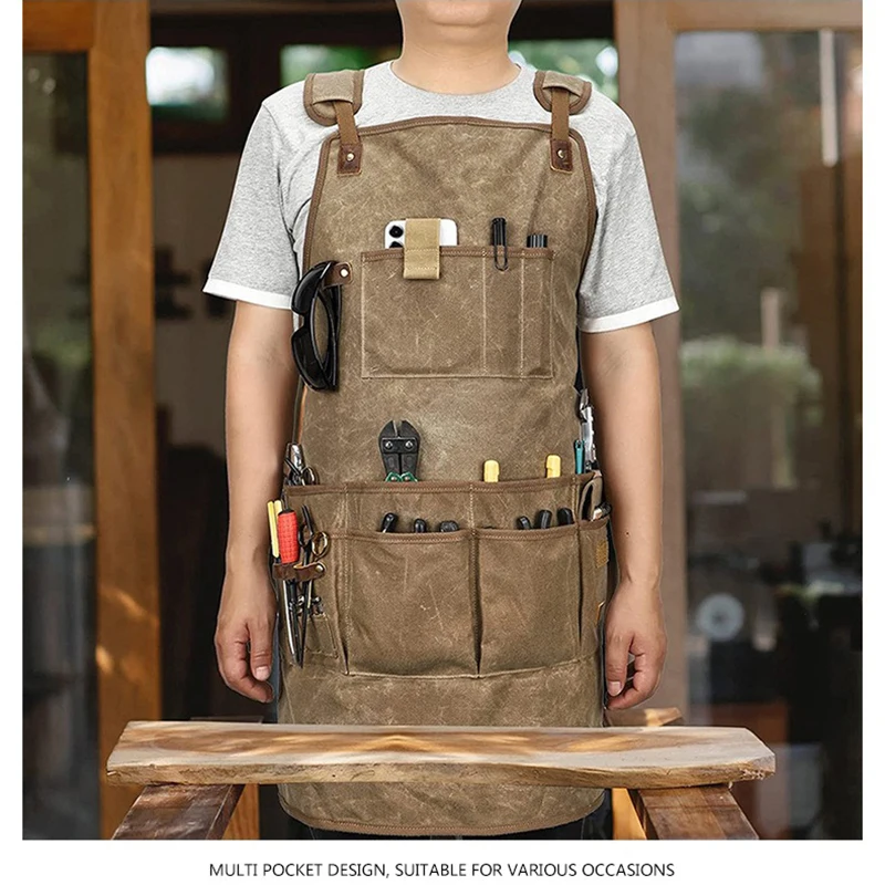 

Carpenter Wearing Canvas Electrician Apron on Both Shoulders Kitchen Men's Catering Gardening Work Clothes Apron