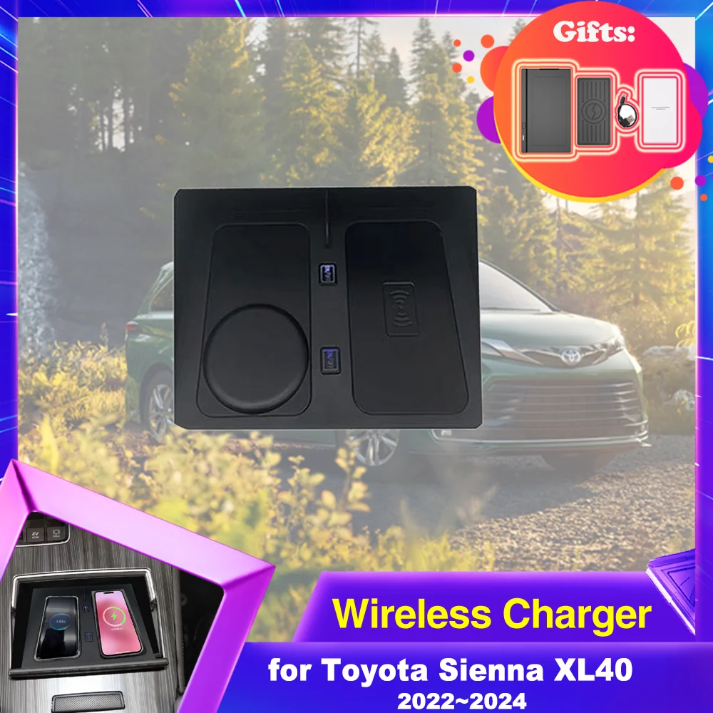 15W Car Wireless Charging Pad for Toyota Sienna XL40 2022~2024 2023 Phone Holder Fast Charger Mat Plate Tray Panel Accessories