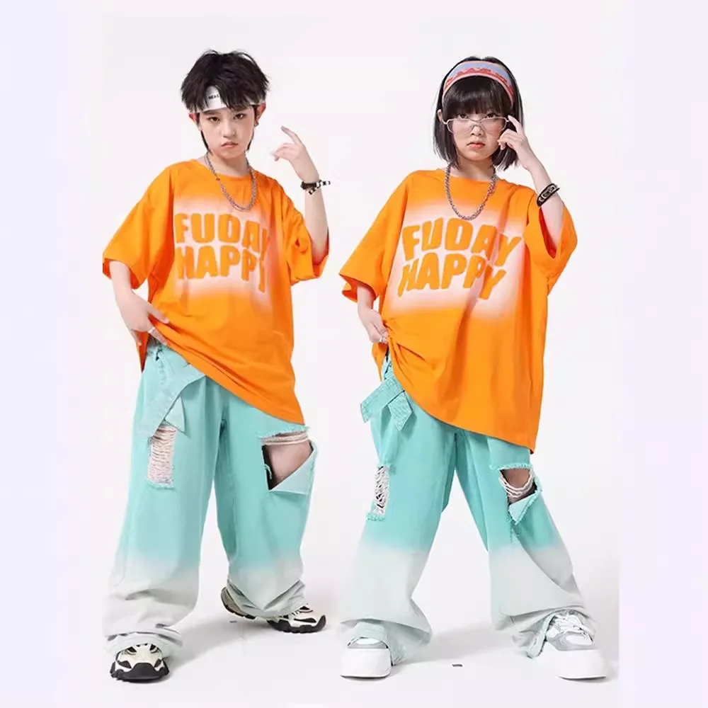 Kid Hip Hop Clothing Orange Graphic Tee T Shirt Top Blue Green Denim Strap Ripped Jeans Pants for Girl Boy Dance Costume Clothes