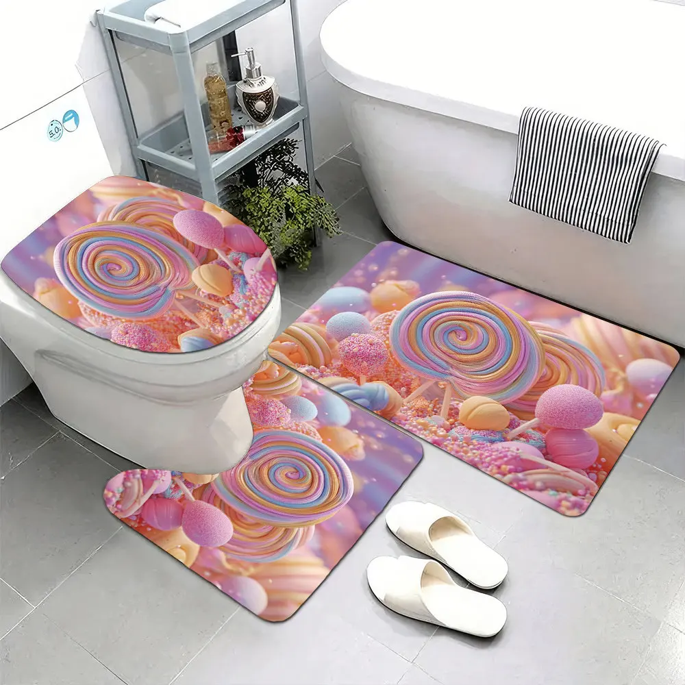 

Набор из 3 ультрамягких ковриков для ванной комнаты с нескользящей основой, с дизайном в виде разноцветных конфет в форме леденцов.