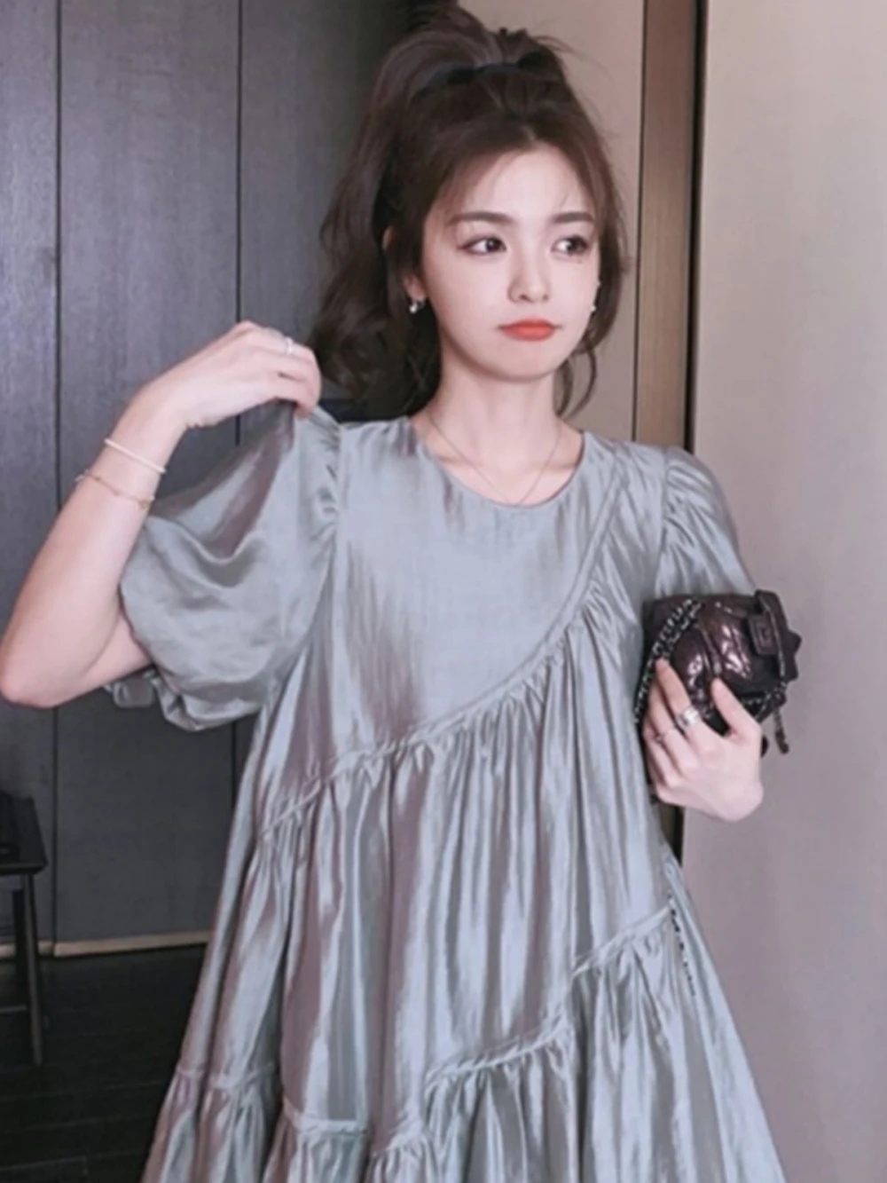 

plus Size 300 Pounds Silver Grey A-Line Short Sleeve Women's Dress Summer Design Loose Small Size Skirt Commute Style round Neck