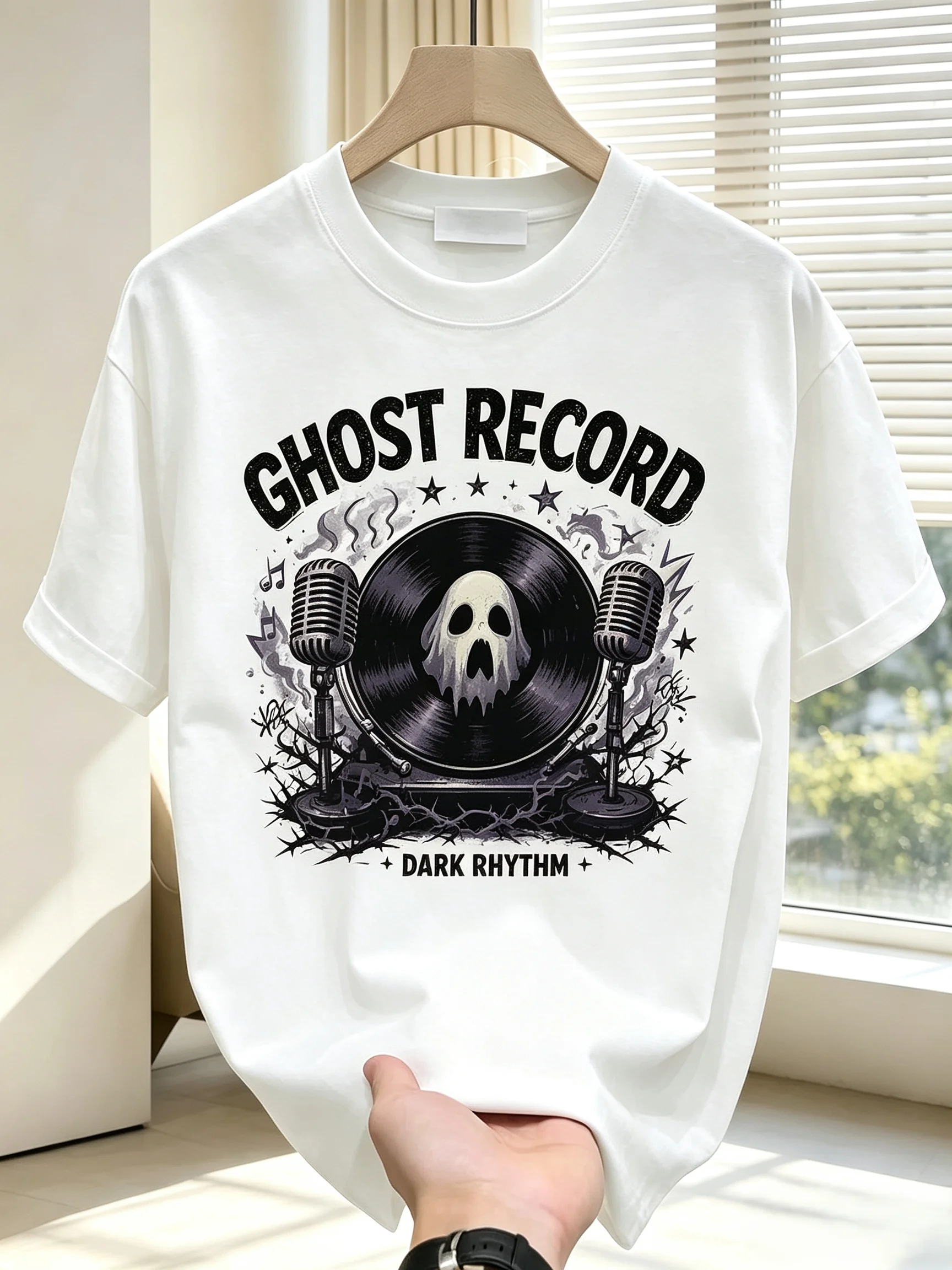 Unisex GHOST RECORD Ghost Vinyl Record Retro Microphone Graphic T Shirt Men Women Dark Rhythm Rock Gothic Vintage Short Sleeve White Casual Tee