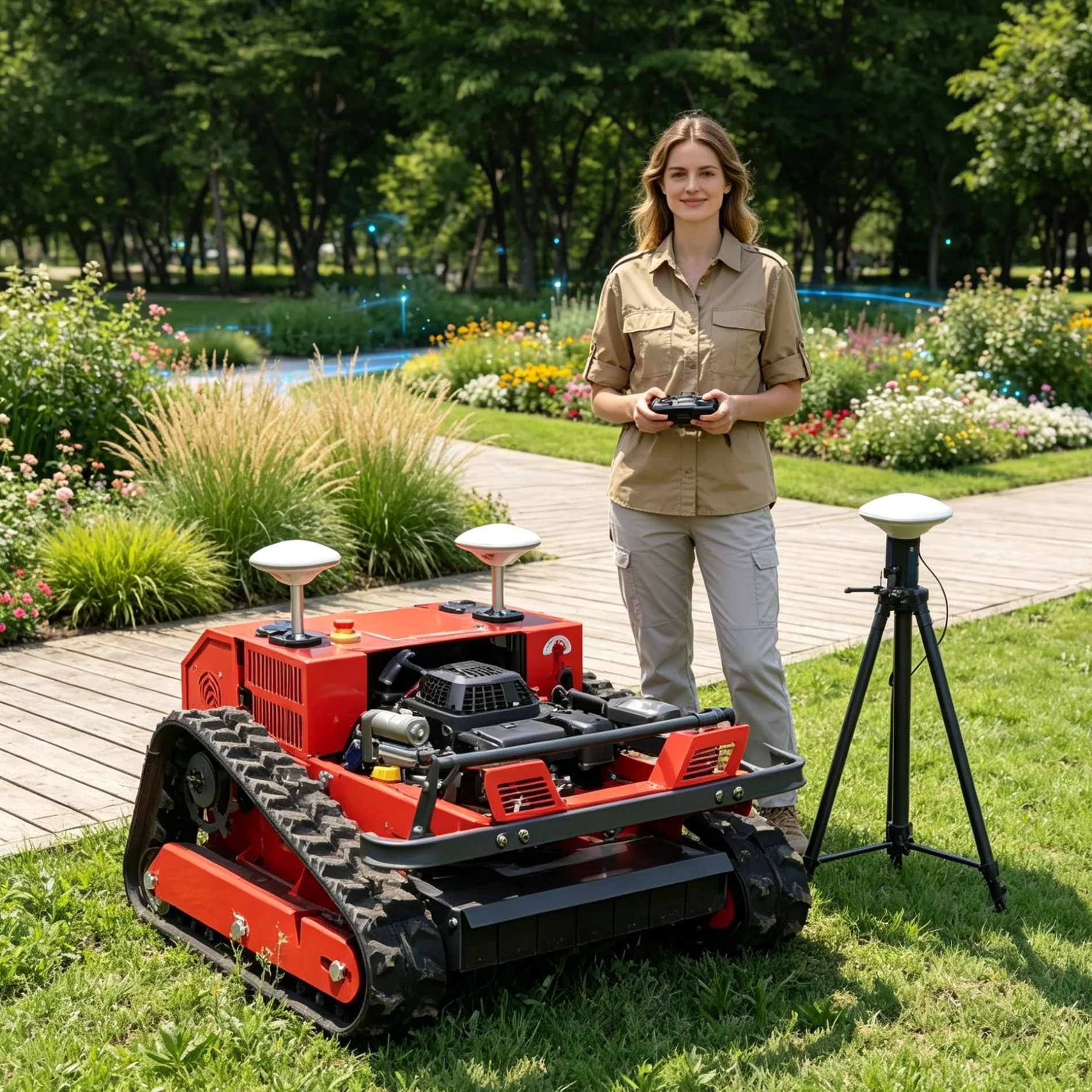 Customized Hilly Berry Orchard Slopes Red 550‑GPS Wireless Remote‑Controlled Lawn Mower, Remote‑Programmed GPS Mowing Path