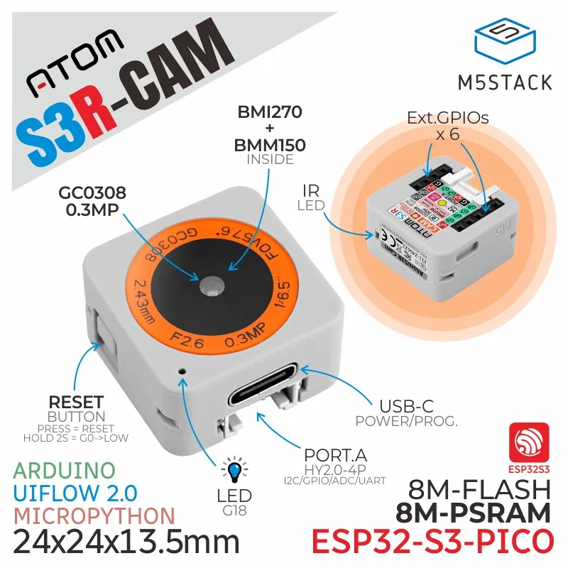 

Официальная плата для разработки камер M5Stack ATOMS3R CAM ESP32-S3 с предустановленной прошивкой UVC для разработчиков и создателей контента