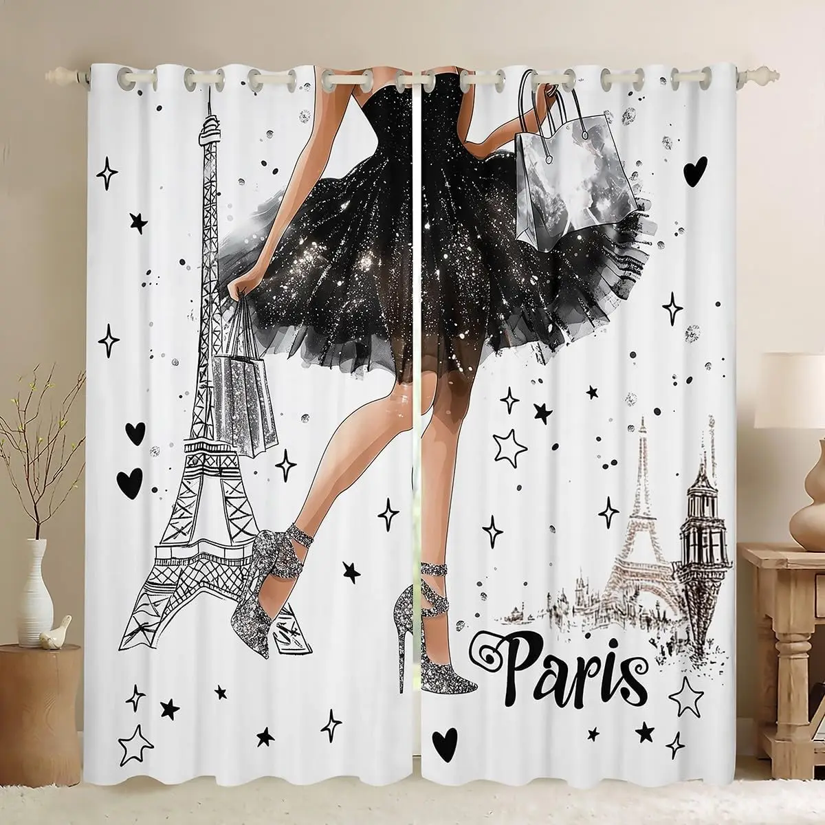 Parisian Chic Eiffel Tower Curtain Black and White Glamour Fashion Home Decor Polyester Shower Curtain Bathroom Window Drapes Ar