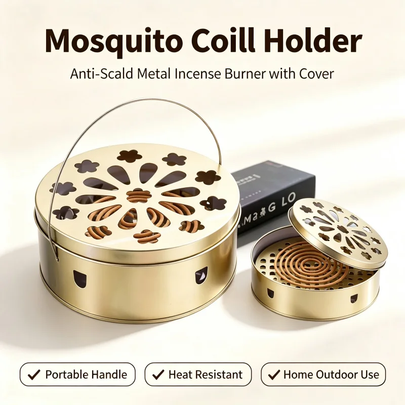 Anti-Scald Tinplate Mosquito Coil Holder Hollow Lid Rust Resistant Portable for Camping Travel Patio Activities